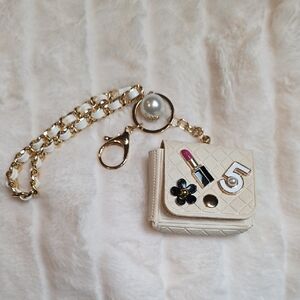 Mini Quilted Cream Wallet Keychain with Gold Chain and Charms
